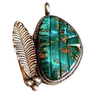 Native American Carved Turquoise Feather Pendant Sterling Silver 925
